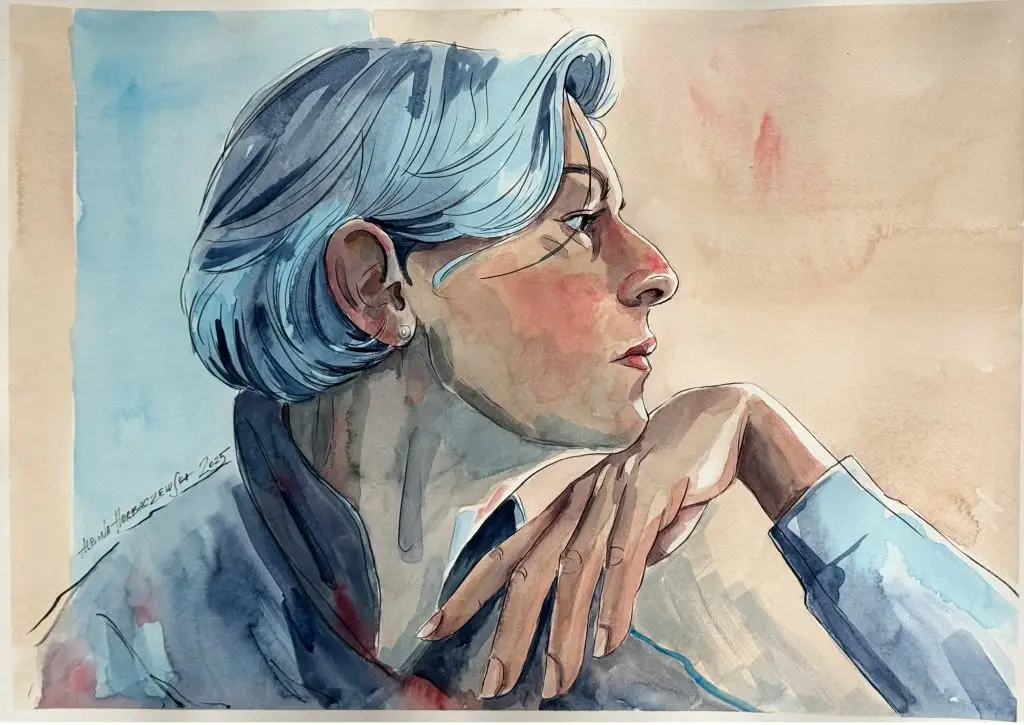 Realistic watercolor psychological self-portrait of a thoughtful woman shown in profile, resting her head on her hand.