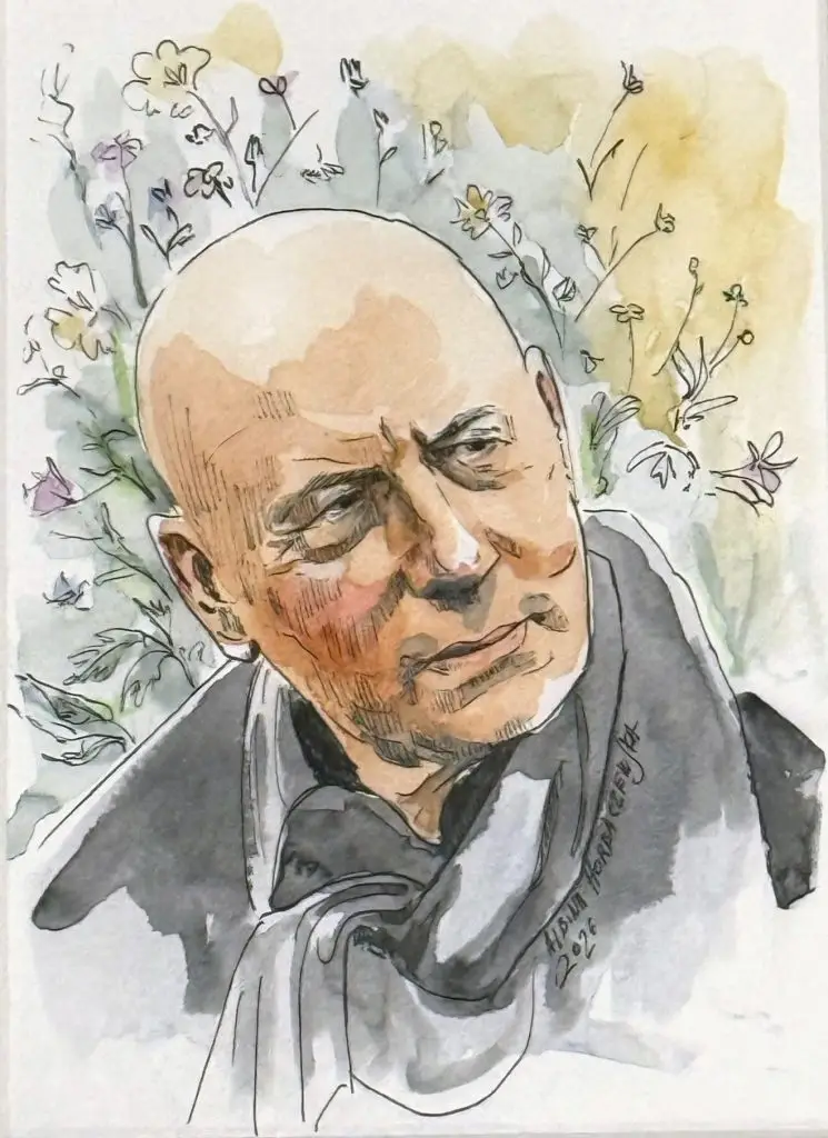 Realistic watercolor psychological portrait of the rector of the Visitationist Church in Warsaw, Father Aleksander Seniuk.