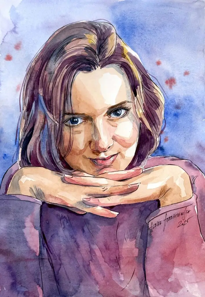Realistic watercolor psychological portrait of a young woman with a deep, intense gaze, looking directly at the viewer.