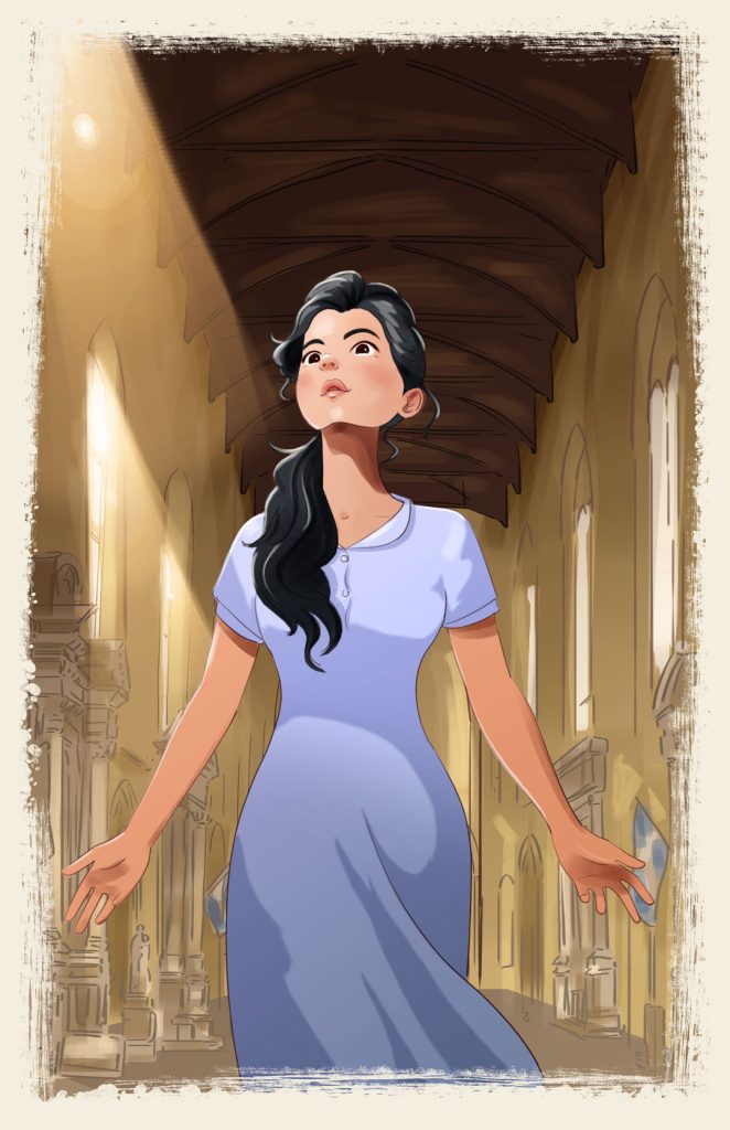 Young woman looking at foreward in church of Siena. An illustration from Tajemnica Belli Sofii book written by Malgorzata Kurz, wydawnictwo Zielona Sowa.