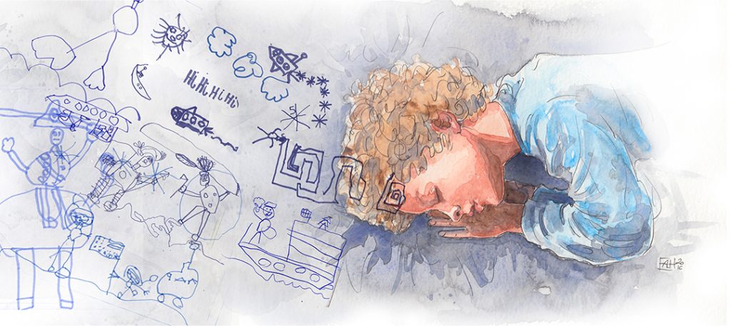 Boy dreams his drawing, watercolor sketch.