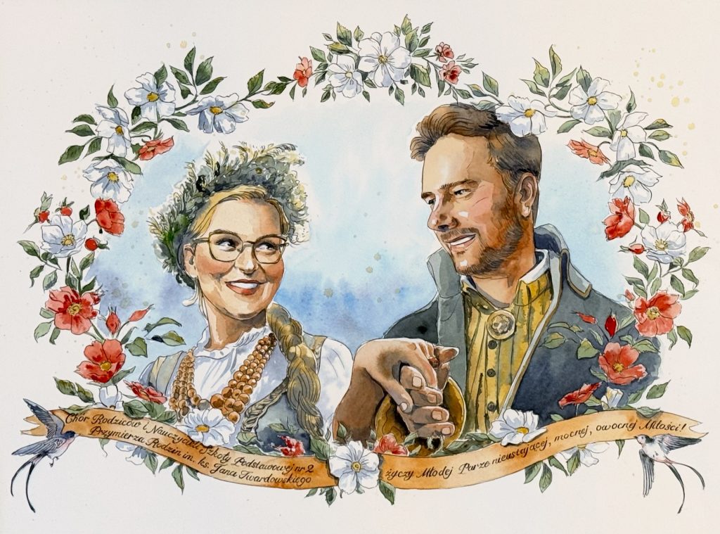 Realistic watercolor portrait of newlyweds in traditional old Polish historical costumes, with inscription and floral ornamentation, commissioned monidło-style portrait.