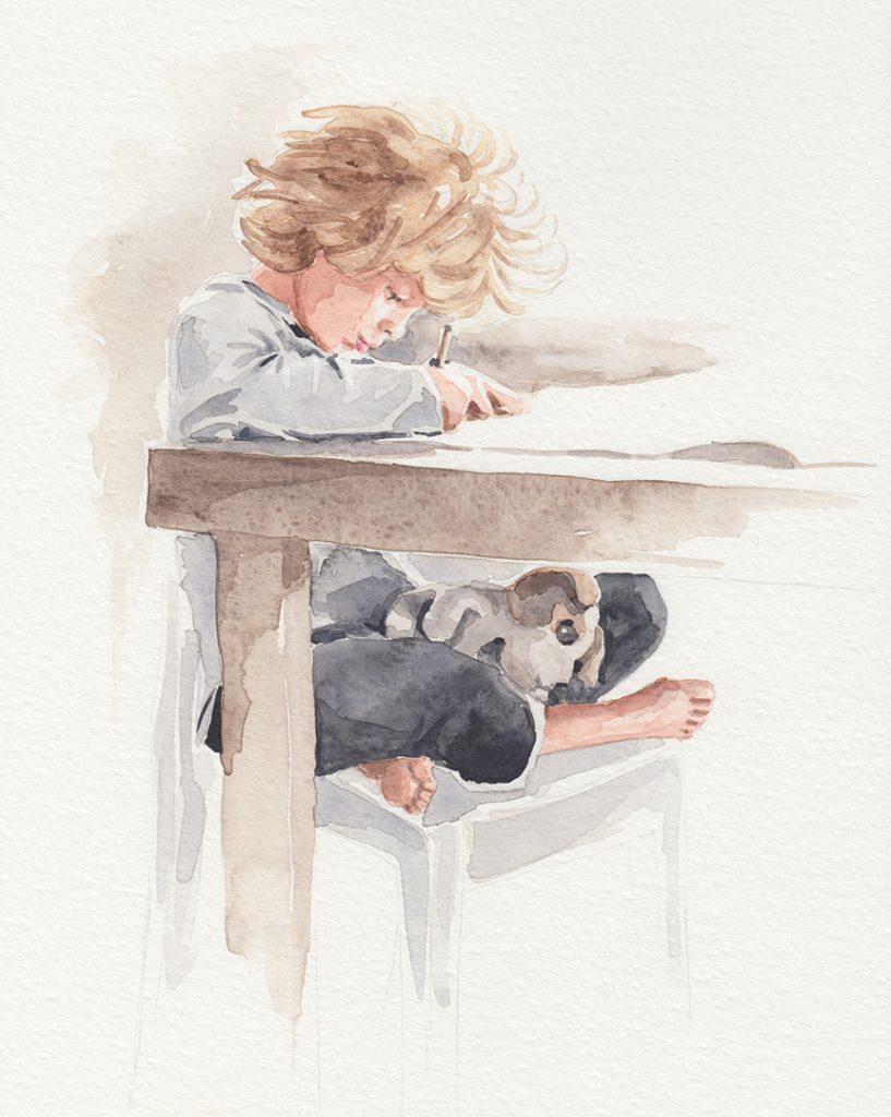 The boy sitting at the table and drawing, with his beloved pupil, watercolor sketch.