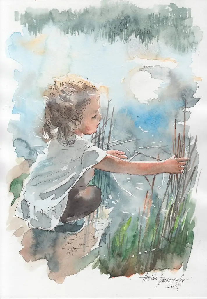 Realistic watercolor portrait of a thoughtful young girl by the water, surrounded by nature and lit by sunlight, expressing the theme of childhood.