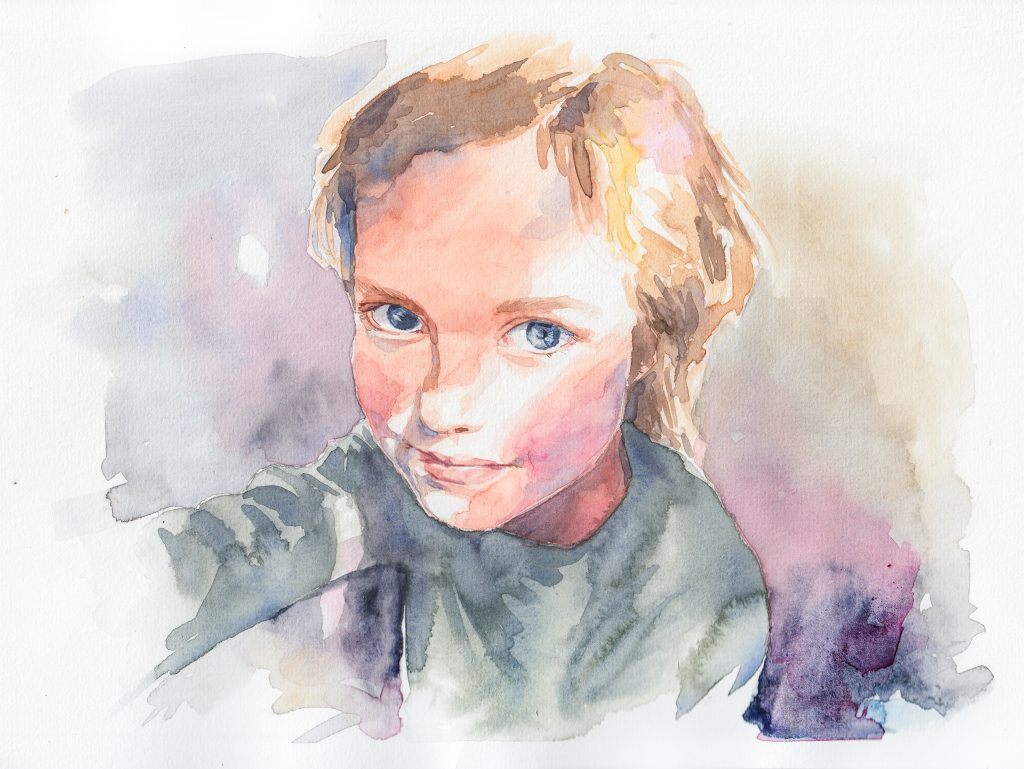 Realistic watercolor portrait of a young girl looking at the viewer, illuminated by a beam of sunlight, capturing the theme of childhood.