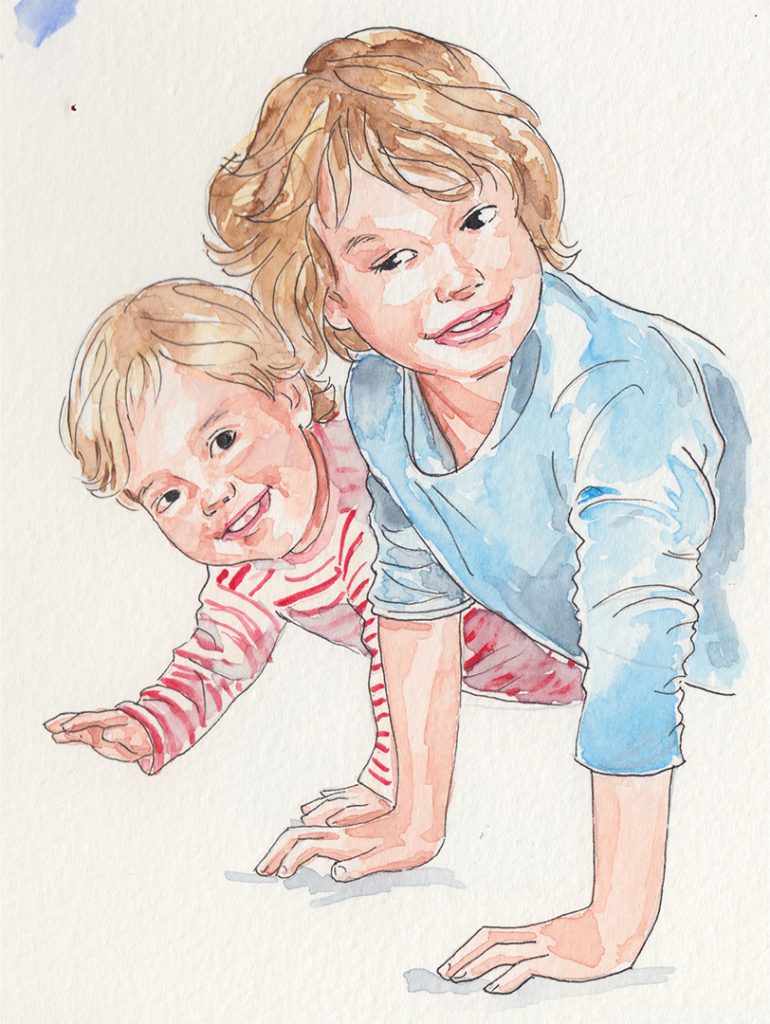 Young brother and sister plays funny, watercolor sketch.