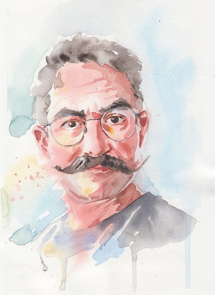 Realistic watercolor portrait of a handsome man with a mustache, looking directly at the viewer.