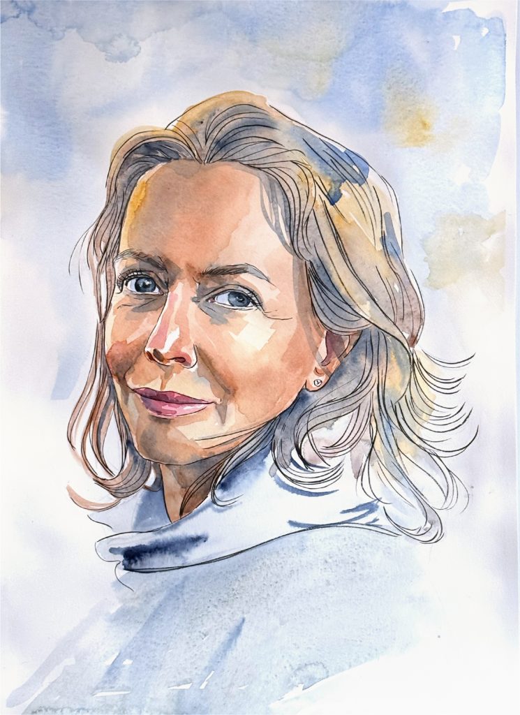 Realistic watercolor portrait of an attractive woman with a strong, confident gaze, looking directly at the viewer, painted as a gift for a friend.