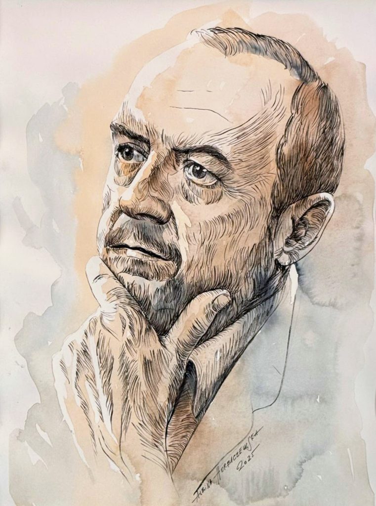Realistic watercolor psychological portrait of a middle-aged man in a thoughtful pose, commissioned as a custom gift.