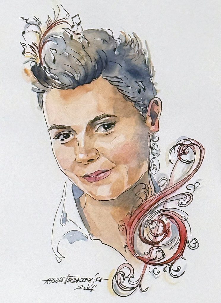 Realistic watercolor portrait of conductor and soprano Sylwia Motoczyńska, surrounded by musical ornamentation.