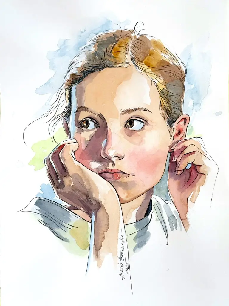 Realistic watercolor portrait of a daughter looking to the side in a thoughtful pose, exploring the theme of childhood.