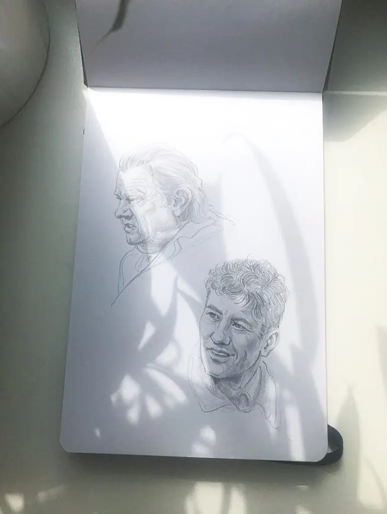 Fanart pencil sketches of Brendan Gleeson and Barry Keoghan plays in The Banshees of Inisherin movie.