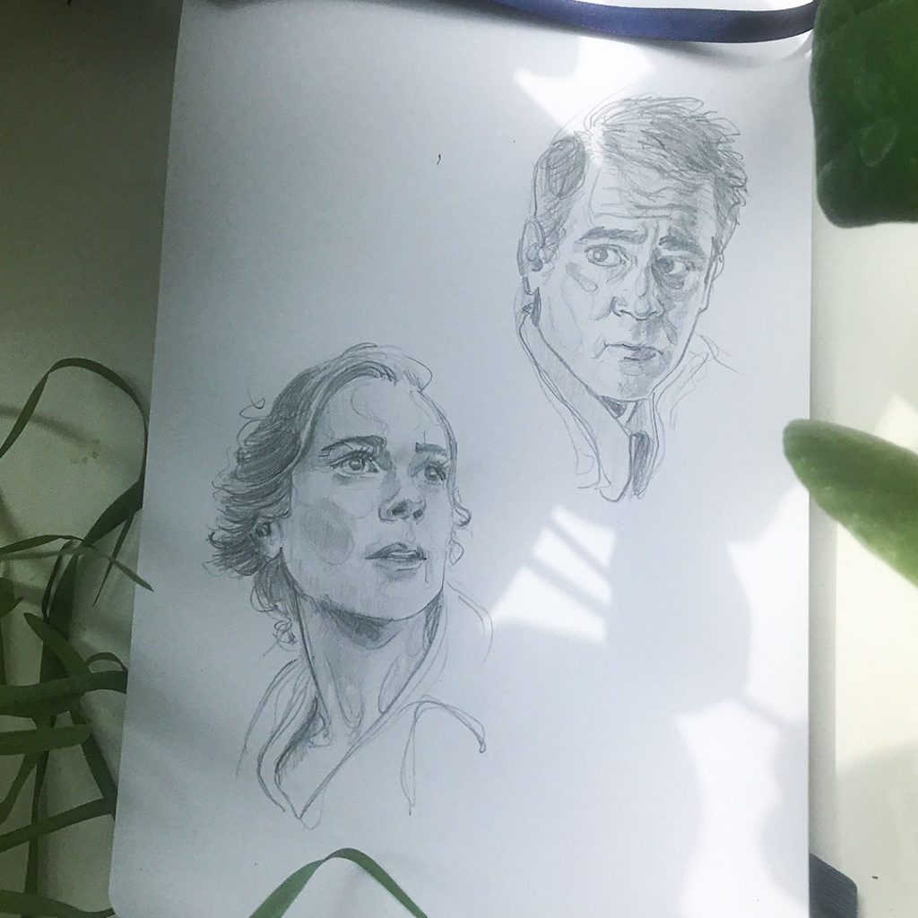 Fanart pencil sketches of Colin Farrell and Kerry Condon plays in The Banshees of Inisherin movie.