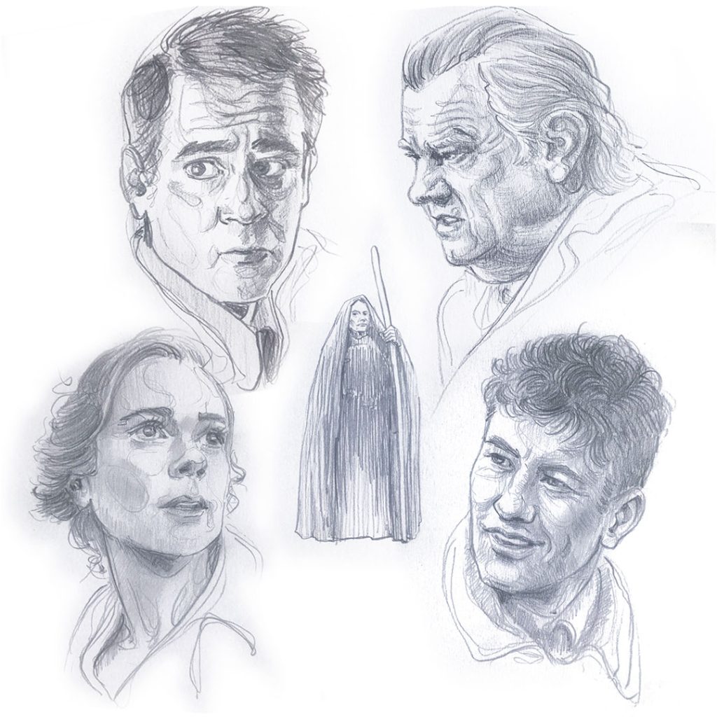 Fanart pencil sketches of Colin Farrell Brendan Gleeson Kerry Condon Barry Keoghan plays in The Banshees of Inisherin movie.