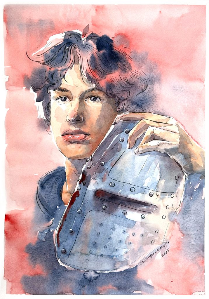Realistic watercolor portrait of a teenage boy wearing a knight’s helmet, inspired by historical medieval themes.