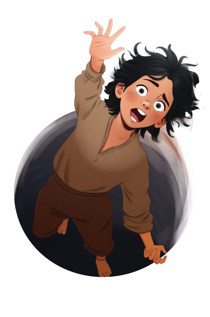 A boy falling down into a magic whole, book illustration for Tajemnica nawiedzonego zamku by Malgorzata Kur wydawnictwo Zielona Sowa