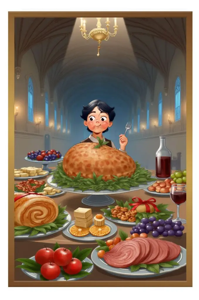 A fairytale are real for poor boy whos eating kings dinner, book illustration for Tajemnica nawiedzonego zamku by Malgorzata Kur wydawnictwo Zielona Sowa