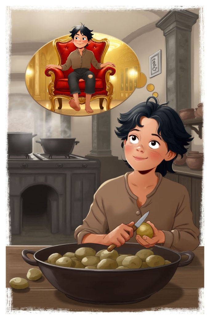 The boy working into kitchen with potatoes and dreaming about to be a king, book illustration for Tajemnica nawiedzonego zamku by Malgorzata Kur wydawnictwo Zielona Sowa