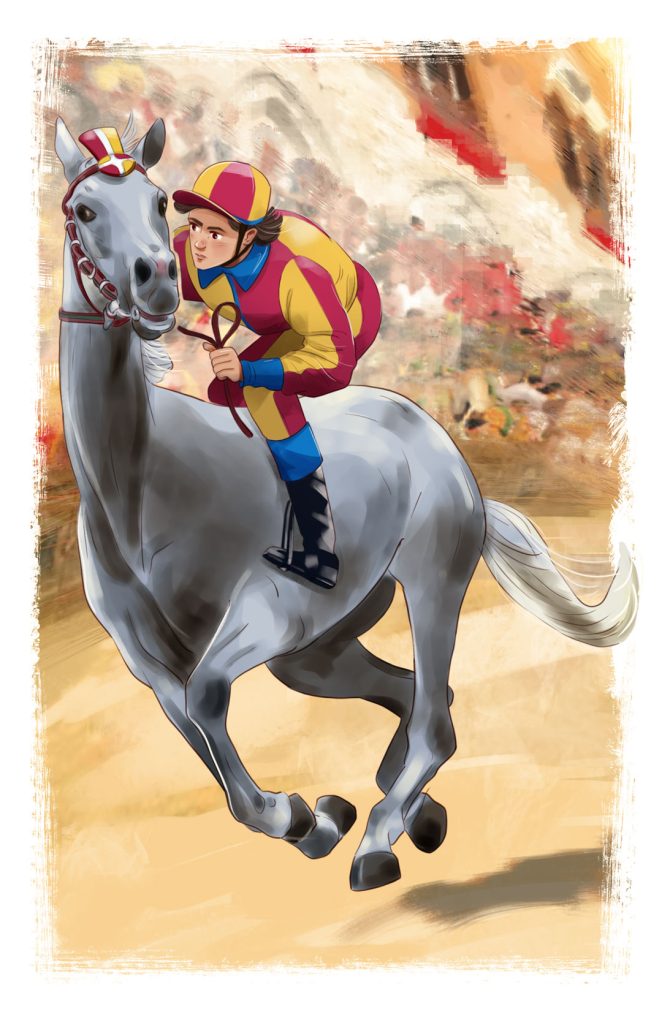 Young man rides horse on Palio di Siena race. An illustration from Tajemnica Belli Sofii book written by Malgorzata Kurz, wydawnictwo Zielona Sowa.