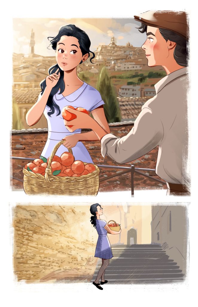 The young man offer peaches to young girl on Siena street. An illustration from Tajemnica Belli Sofii book written by Malgorzata Kurz, wydawnictwo Zielona Sowa.
