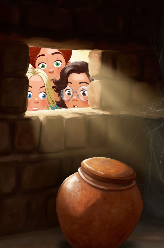 The three children look into dark place with misterious pot, book illustration for Tajemnica nawiedzonego zamku by Malgorzata Kur wydawnictwo Zielona Sowa.