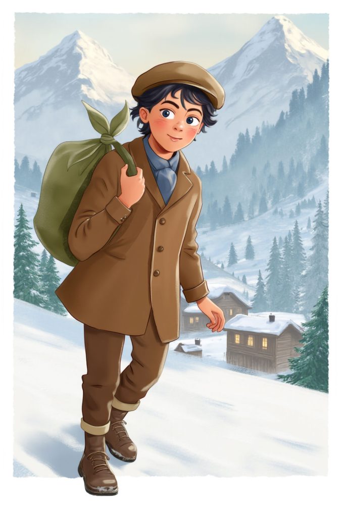 The boy with backpack going through snow mountain country, book illustration for Tajemnica nawiedzonego zamku by Malgorzata Kur wydawnictwo Zielona Sowa.