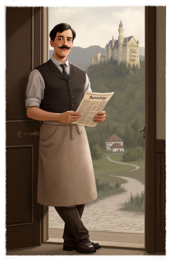 Man with moustache standing on door frame with newspaper, book illustration for Tajemnica nawiedzonego zamku by Malgorzata Kur wydawnictwo Zielona Sowa.