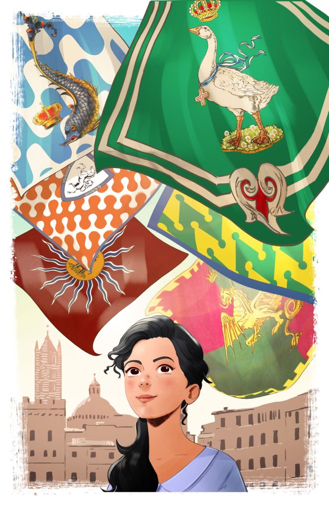 The girl walkimng under beatutyfull flags with medieval herbals. An illustration from Tajemnica Belli Sofii book written by Malgorzata Kurz, wydawnictwo Zielona Sowa.