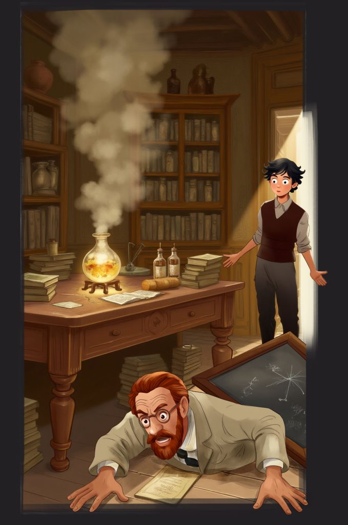 The alchemist lying under blackboard, studio accinent, he's pupil stands in background with surprised amotion on his face, book illustration for Tajemnica nawiedzonego zamku by Malgorzata Kur wydawnictwo Zielona Sowa.